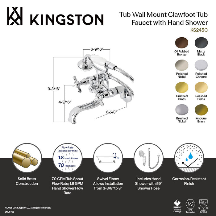 Kingston Heirloom KS245PB - Essex Three-Handle 2-Hole Tub Wall Mount Clawfoot Tub Faucet with Handshower, Polished Brass