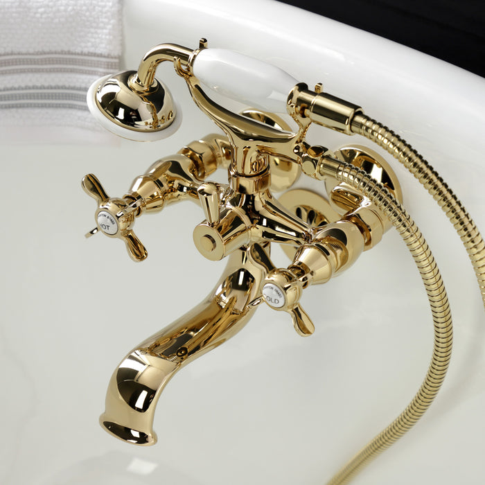 Kingston Heirloom KS245PB - Essex Three-Handle 2-Hole Tub Wall Mount Clawfoot Tub Faucet with Handshower, Polished Brass