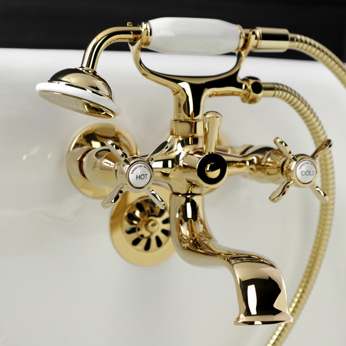Kingston Heirloom KS245PB - Essex Three-Handle 2-Hole Tub Wall Mount Clawfoot Tub Faucet with Handshower, Polished Brass