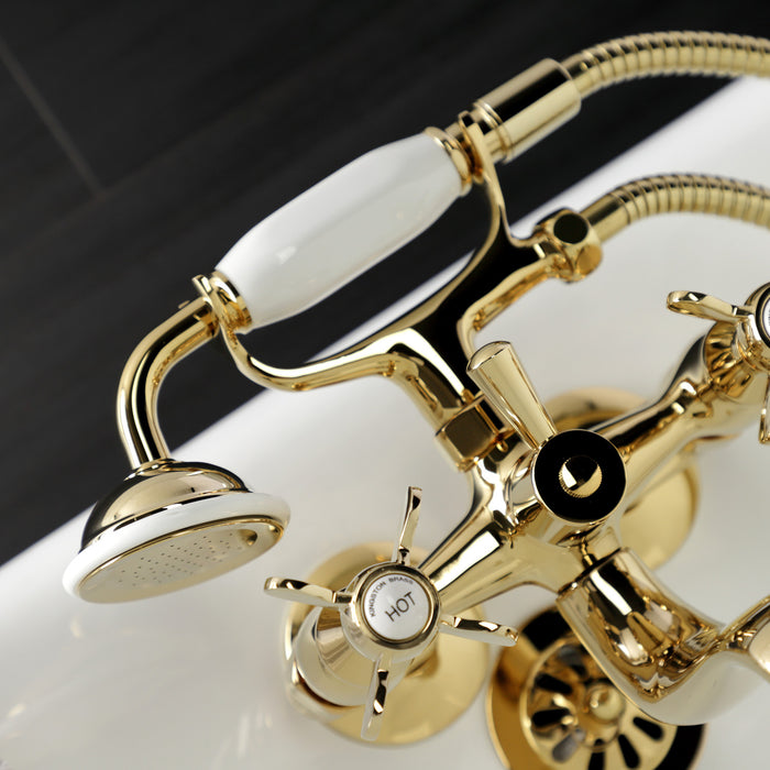 Kingston Heirloom KS245PB - Essex Three-Handle 2-Hole Tub Wall Mount Clawfoot Tub Faucet with Handshower, Polished Brass