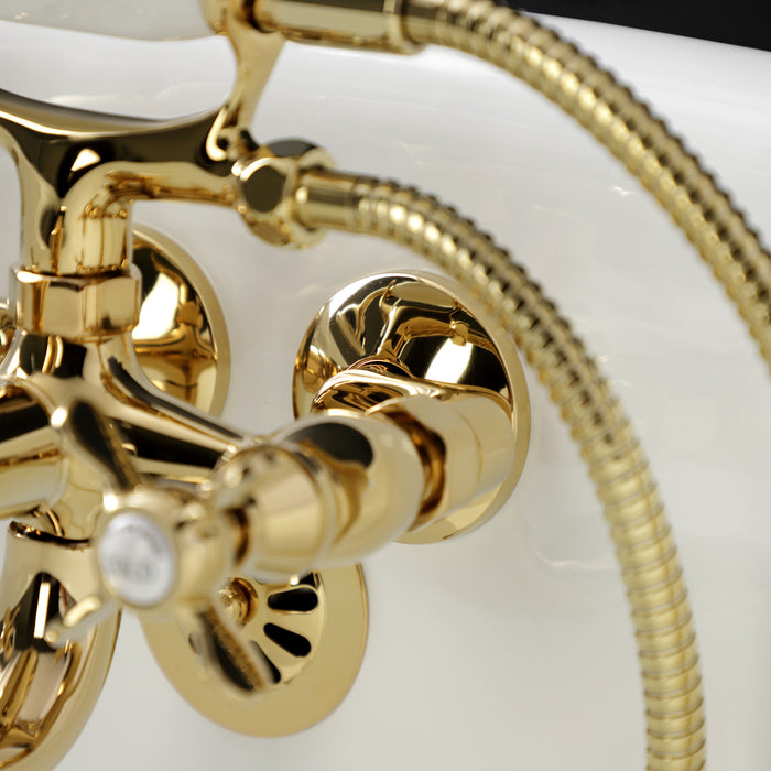 Kingston Heirloom KS245PB - Essex Three-Handle 2-Hole Tub Wall Mount Clawfoot Tub Faucet with Handshower, Polished Brass