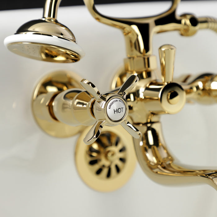 Kingston Heirloom KS245PB - Essex Three-Handle 2-Hole Tub Wall Mount Clawfoot Tub Faucet with Handshower, Polished Brass