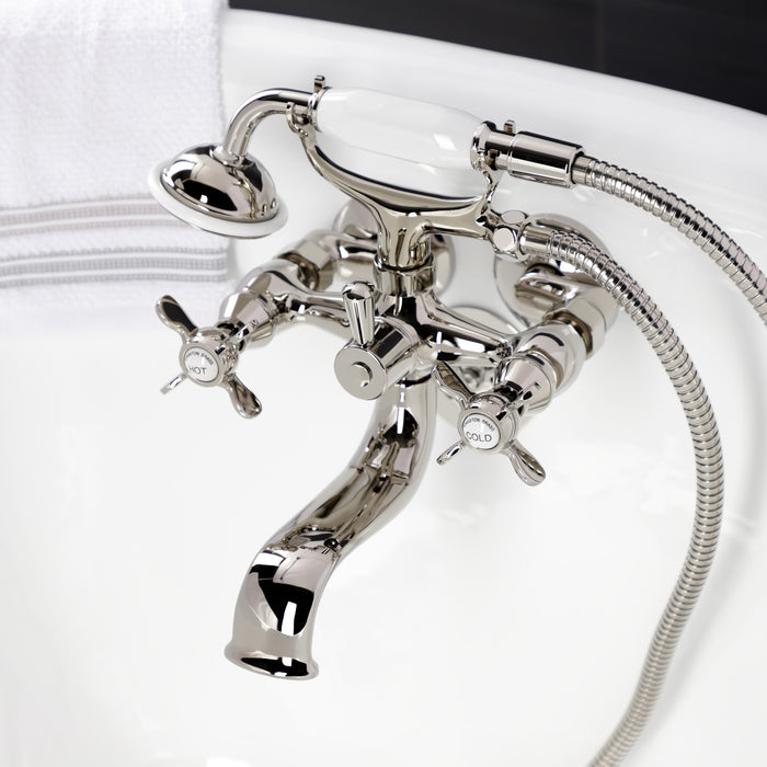 Kingston Heirloom KS245PN - Essex Three-Handle 2-Hole Tub Wall Mount Clawfoot Tub Faucet with Handshower, Polished Nickel