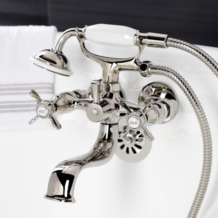 Kingston Heirloom KS245PN - Essex Three-Handle 2-Hole Tub Wall Mount Clawfoot Tub Faucet with Handshower, Polished Nickel