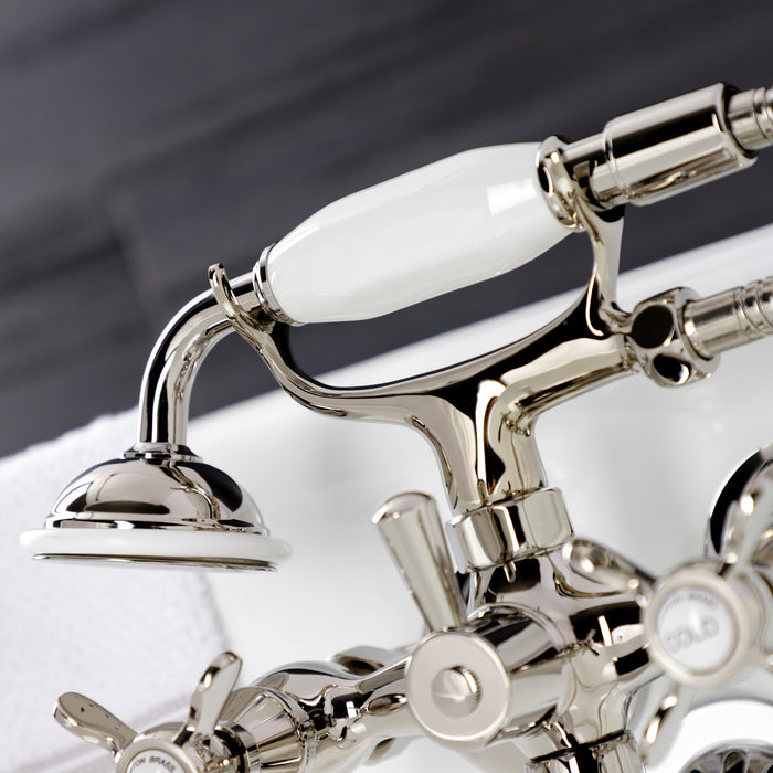 Kingston Heirloom KS245PN - Essex Three-Handle 2-Hole Tub Wall Mount Clawfoot Tub Faucet with Handshower, Polished Nickel