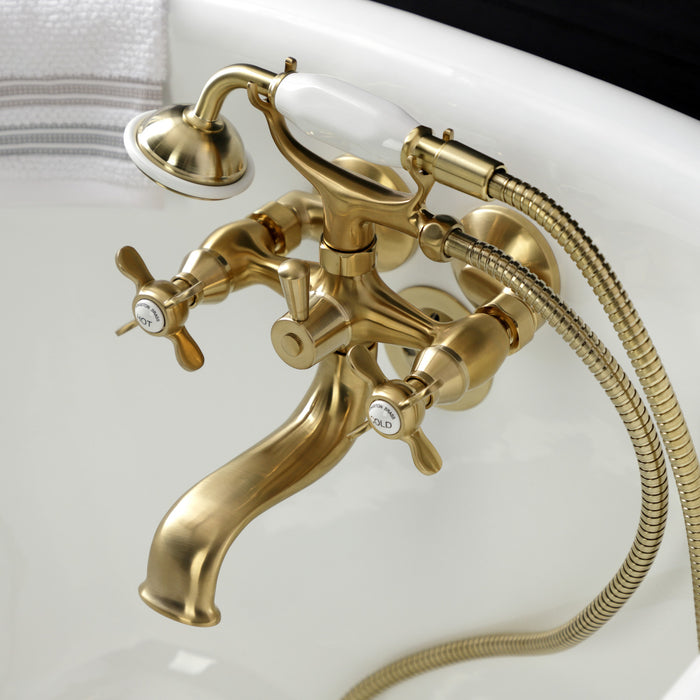 Kingston Heirloom KS245SB - Essex Three-Handle 2-Hole Tub Wall Mount Clawfoot Tub Faucet with Handshower, Brushed Brass