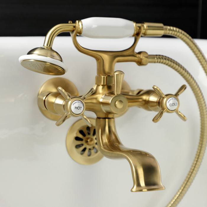 Kingston Heirloom KS245SB - Essex Three-Handle 2-Hole Tub Wall Mount Clawfoot Tub Faucet with Handshower, Brushed Brass