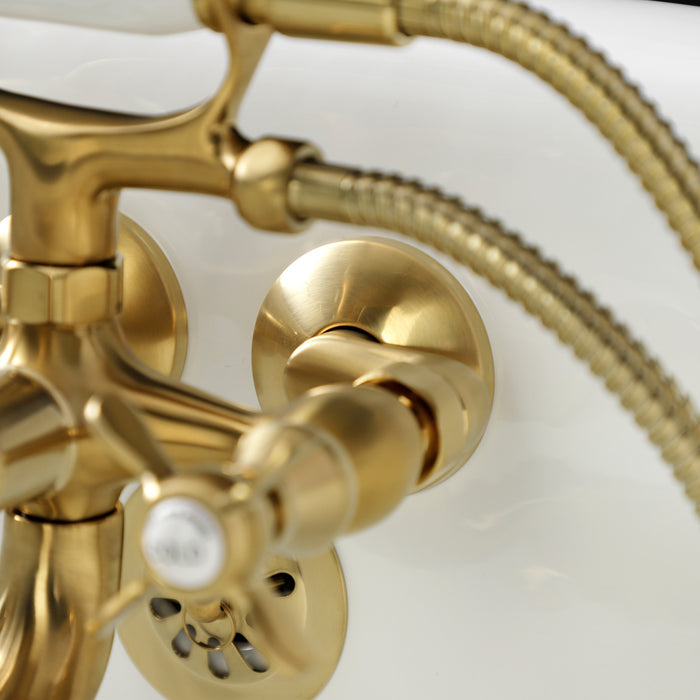 Kingston Heirloom KS245SB - Essex Three-Handle 2-Hole Tub Wall Mount Clawfoot Tub Faucet with Handshower, Brushed Brass