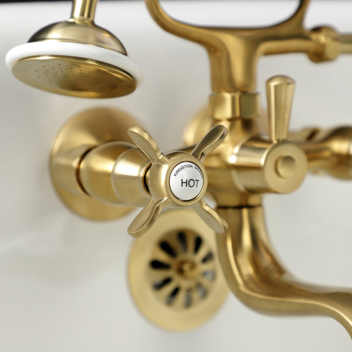 Kingston Heirloom KS245SB - Essex Three-Handle 2-Hole Tub Wall Mount Clawfoot Tub Faucet with Handshower, Brushed Brass