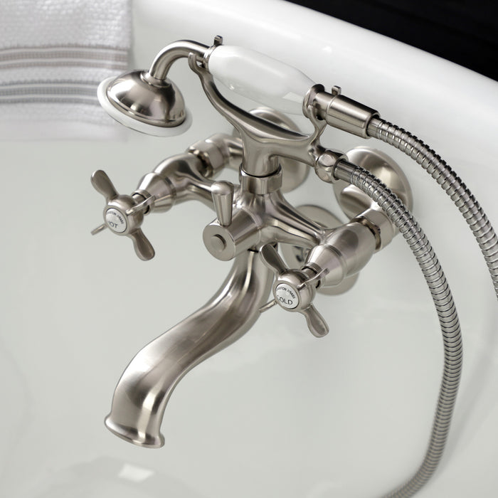 Kingston Heirloom KS245SN - Essex Three-Handle 2-Hole Tub Wall Mount Clawfoot Tub Faucet with Handshower, Brushed Nickel
