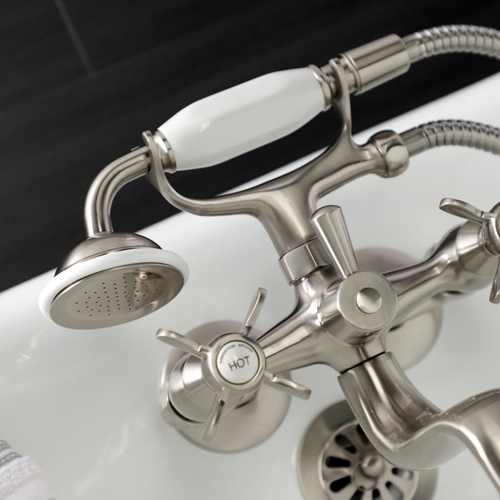 Kingston Heirloom KS245SN - Essex Three-Handle 2-Hole Tub Wall Mount Clawfoot Tub Faucet with Handshower, Brushed Nickel