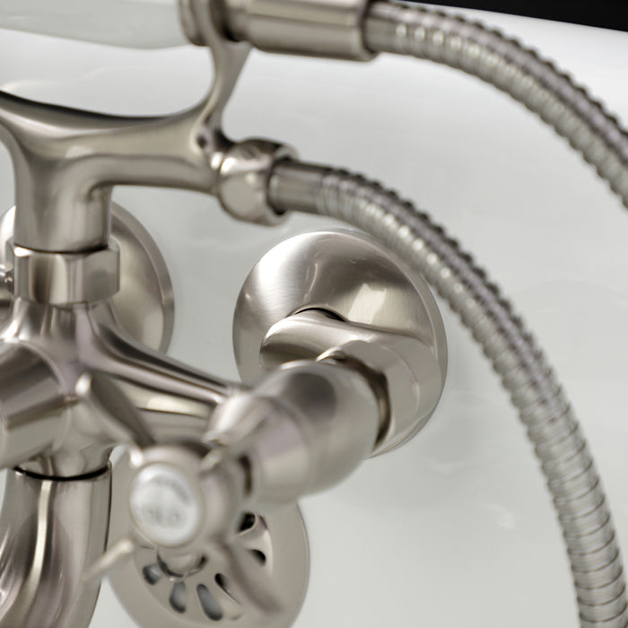 Kingston Heirloom KS245SN - Essex Three-Handle 2-Hole Tub Wall Mount Clawfoot Tub Faucet with Handshower, Brushed Nickel