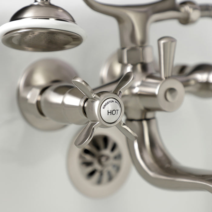 Kingston Heirloom KS245SN - Essex Three-Handle 2-Hole Tub Wall Mount Clawfoot Tub Faucet with Handshower, Brushed Nickel