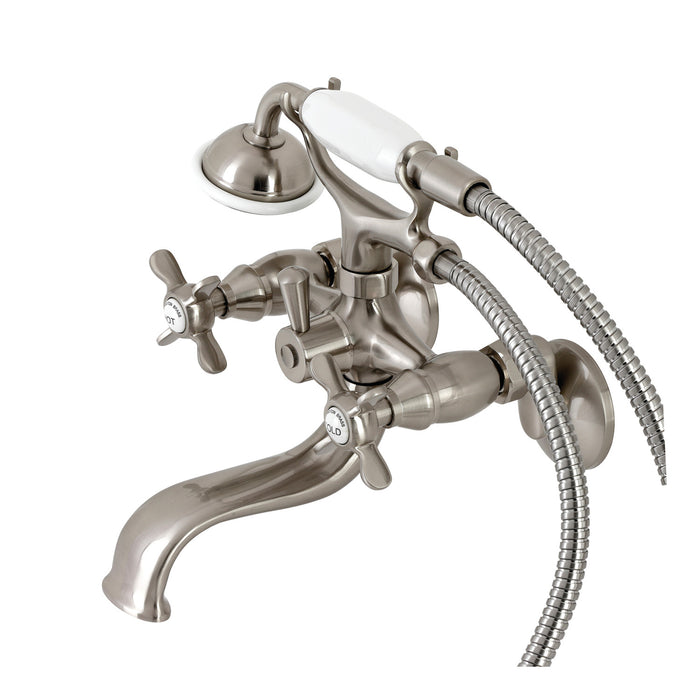 Kingston Heirloom KS245SN - Essex Three-Handle 2-Hole Tub Wall Mount Clawfoot Tub Faucet with Handshower, Brushed Nickel