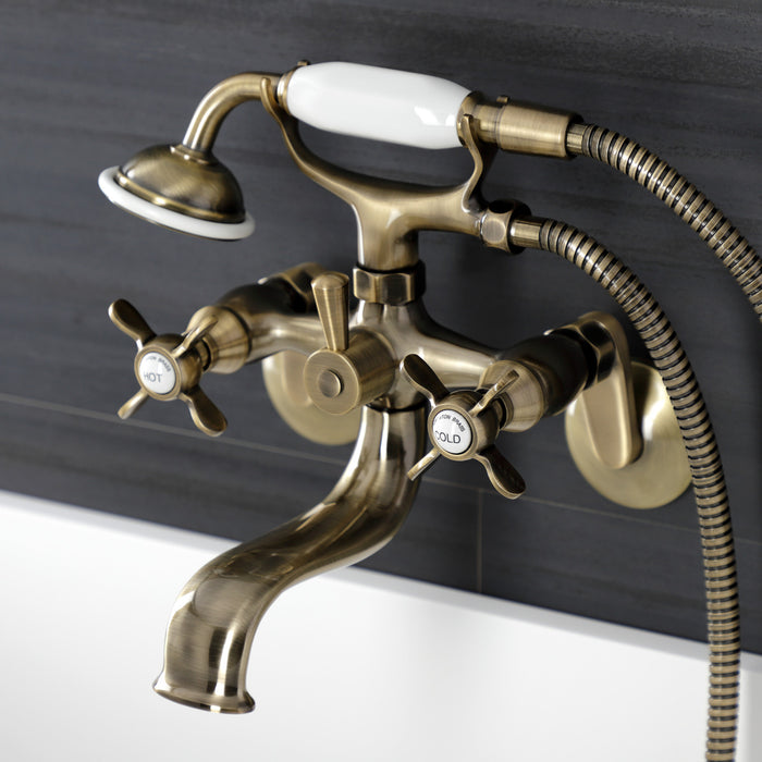 Kingston Heirloom KS246AB - Essex Three-Handle 2-Hole Wall Mount Clawfoot Tub Faucet with Handshower, Antique Brass