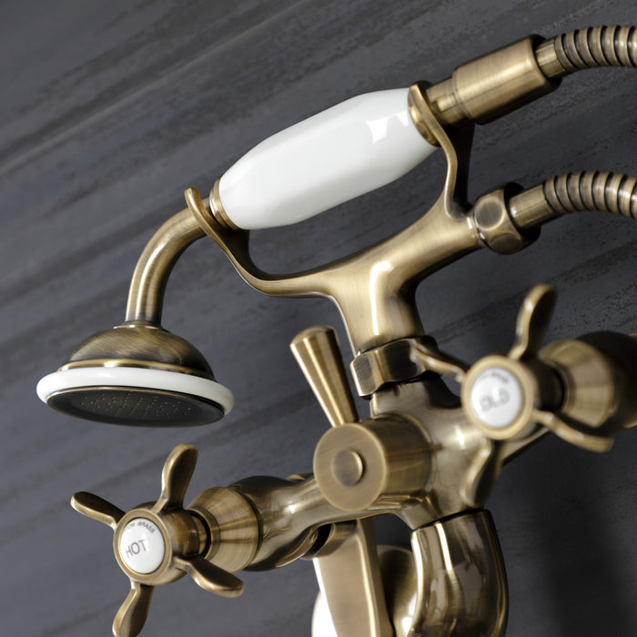 Kingston Heirloom KS246AB - Essex Three-Handle 2-Hole Wall Mount Clawfoot Tub Faucet with Handshower, Antique Brass