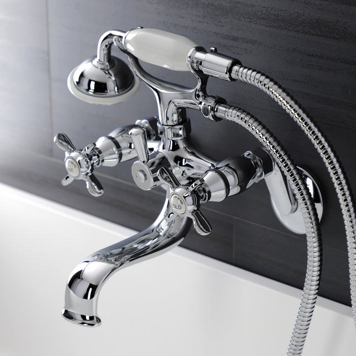 Kingston Heirloom KS246C - Essex Three-Handle 2-Hole Wall Mount Clawfoot Tub Faucet with Handshower, Polished Chrome