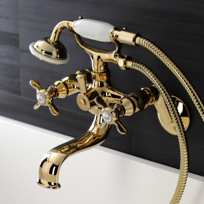 Kingston Heirloom KS246PB - Essex Three-Handle 2-Hole Wall Mount Clawfoot Tub Faucet with Handshower, Polished Brass