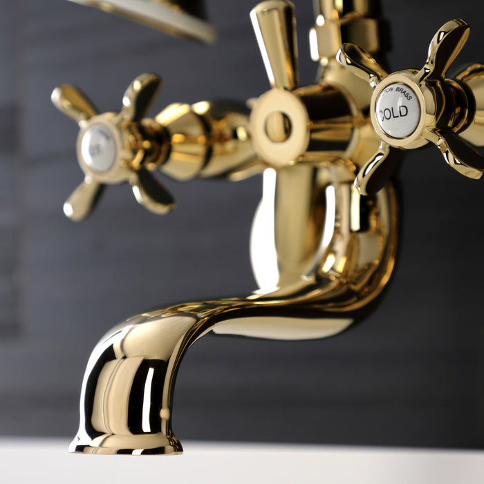 Kingston Heirloom KS246PB - Essex Three-Handle 2-Hole Wall Mount Clawfoot Tub Faucet with Handshower, Polished Brass