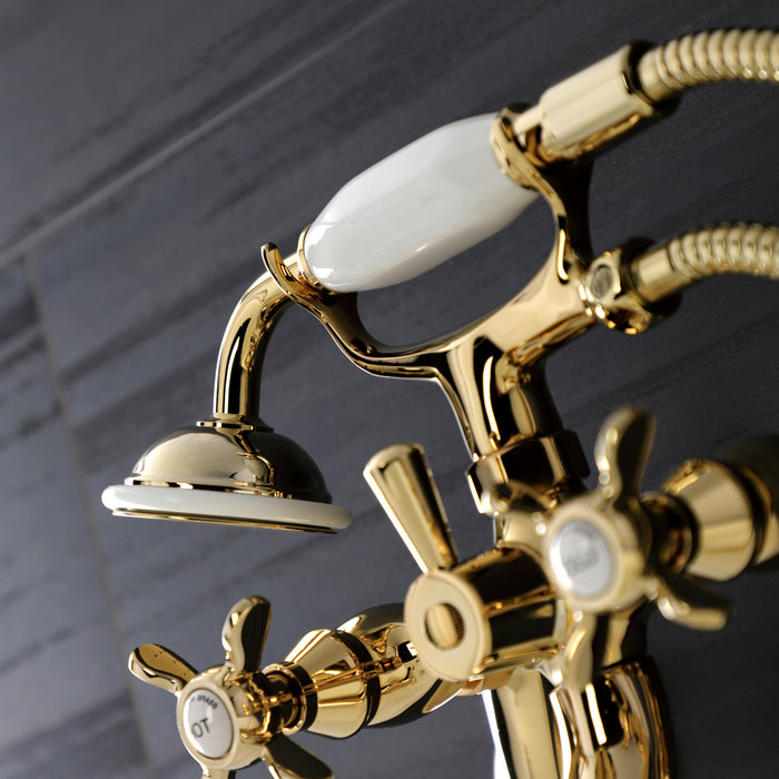 Kingston Heirloom KS246PB - Essex Three-Handle 2-Hole Wall Mount Clawfoot Tub Faucet with Handshower, Polished Brass