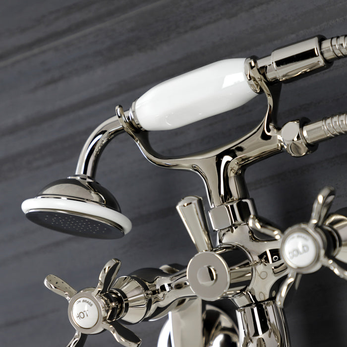 Kingston Heirloom KS246PN - Essex Three-Handle 2-Hole Wall Mount Clawfoot Tub Faucet with Handshower, Polished Nickel