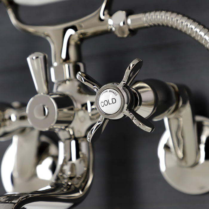 Kingston Heirloom KS246PN - Essex Three-Handle 2-Hole Wall Mount Clawfoot Tub Faucet with Handshower, Polished Nickel