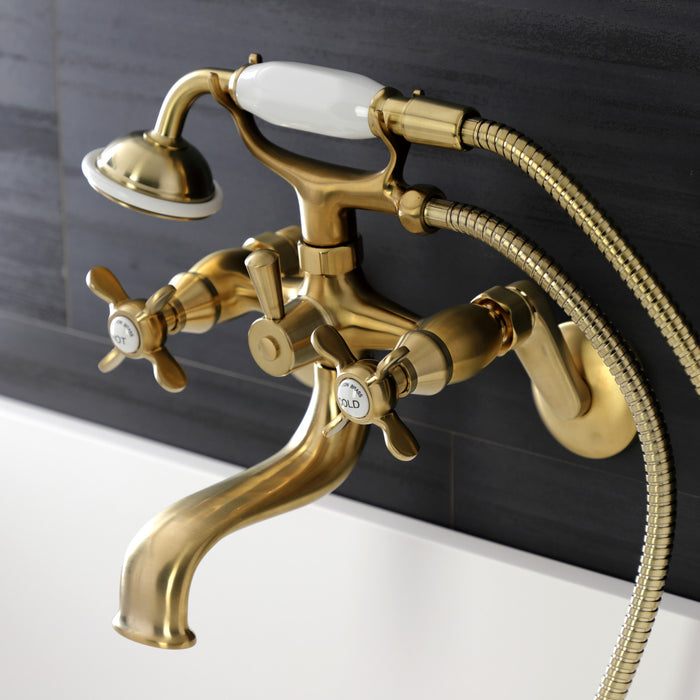 Kingston Heirloom KS246SB - Essex Three-Handle 2-Hole Wall Mount Clawfoot Tub Faucet with Handshower, Brushed Brass