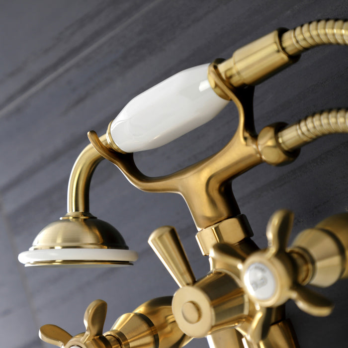 Kingston Heirloom KS246SB - Essex Three-Handle 2-Hole Wall Mount Clawfoot Tub Faucet with Handshower, Brushed Brass