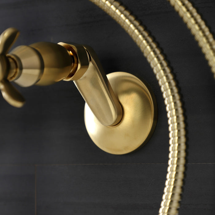 Kingston Heirloom KS246SB - Essex Three-Handle 2-Hole Wall Mount Clawfoot Tub Faucet with Handshower, Brushed Brass