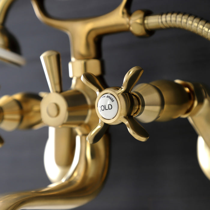 Kingston Heirloom KS246SB - Essex Three-Handle 2-Hole Wall Mount Clawfoot Tub Faucet with Handshower, Brushed Brass