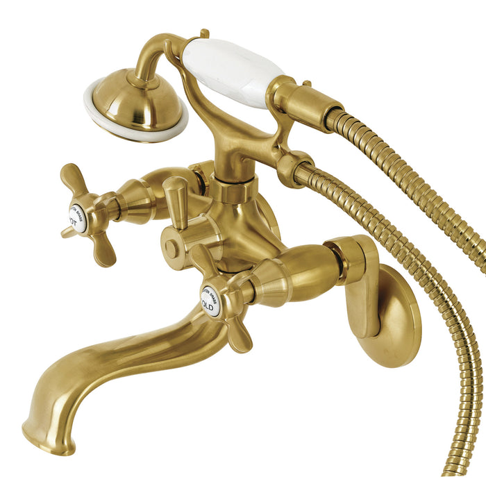 Kingston Heirloom KS246SB - Essex Three-Handle 2-Hole Wall Mount Clawfoot Tub Faucet with Handshower, Brushed Brass