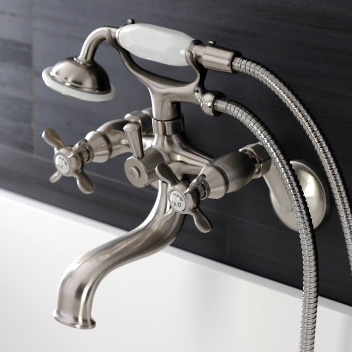 Kingston Heirloom KS246SN - Essex Three-Handle 2-Hole Wall Mount Clawfoot Tub Faucet with Handshower, Brushed Nickel