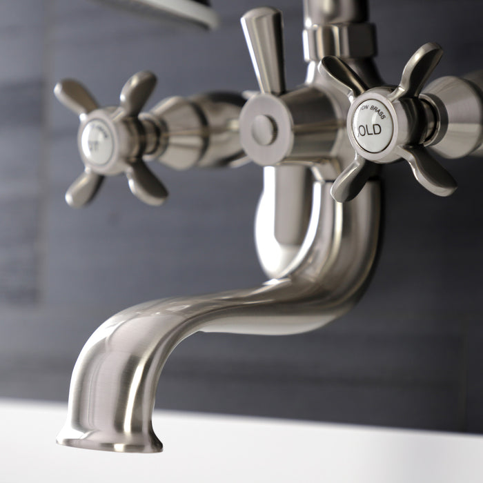 Kingston Heirloom KS246SN - Essex Three-Handle 2-Hole Wall Mount Clawfoot Tub Faucet with Handshower, Brushed Nickel