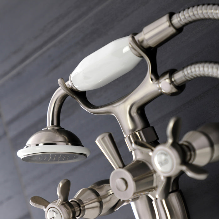 Kingston Heirloom KS246SN - Essex Three-Handle 2-Hole Wall Mount Clawfoot Tub Faucet with Handshower, Brushed Nickel