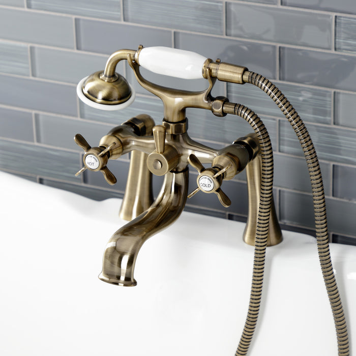Kingston Heirloom KS248AB - Essex Three-Handle 2-Hole Deck-Mount Clawfoot Tub Faucet with Hand Shower, Antique Brass