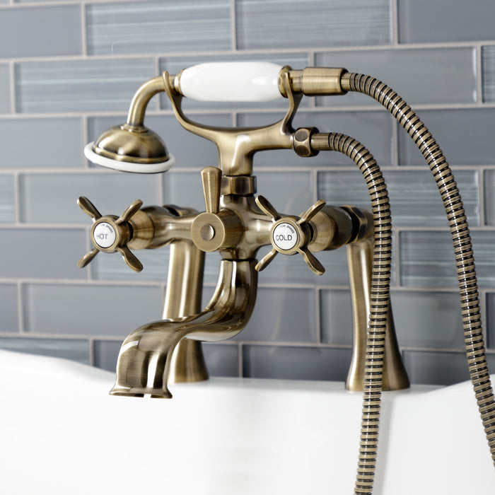 Kingston Heirloom KS248AB - Essex Three-Handle 2-Hole Deck-Mount Clawfoot Tub Faucet with Hand Shower, Antique Brass