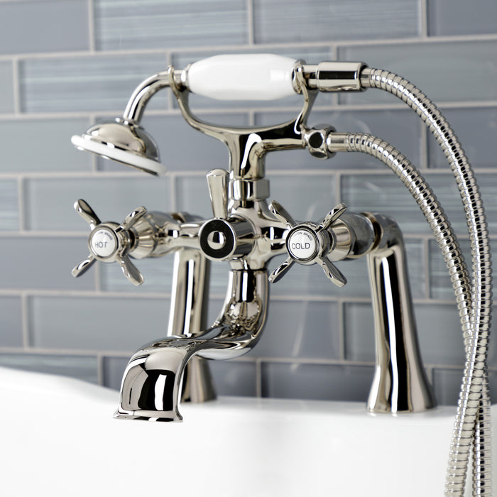 Kingston Heirloom KS248PN - Essex Three-Handle 2-Hole Deck-Mount Clawfoot Tub Faucet with Hand Shower, Polished Nickel