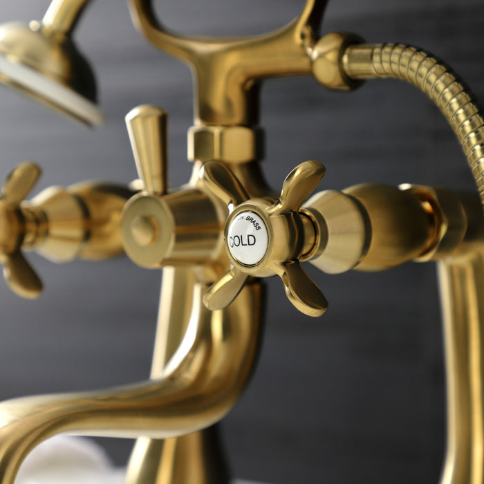 Kingston Heirloom KS248SB - Essex Three-Handle 2-Hole Deck-Mount Clawfoot Tub Faucet with Hand Shower, Brushed Brass
