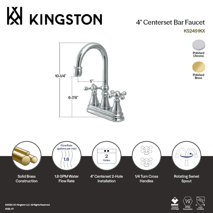 Kingston Tulare KS2491KX - Governor Two-Handle 2-Hole Deck Mount Bar Faucet, Polished Chrome