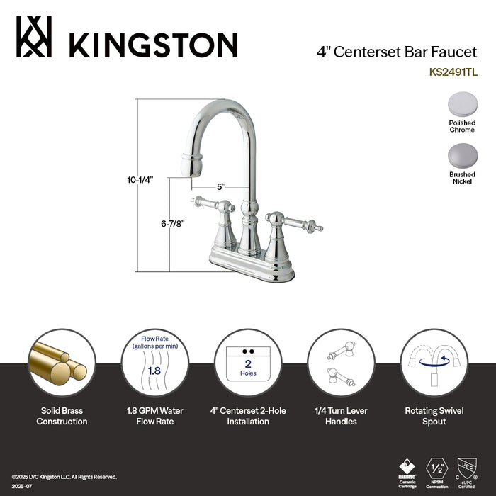 Kingston Tulare KS2491TL - Templeton Two-Handle 2-Hole Deck Mount Bar Faucet, Polished Chrome