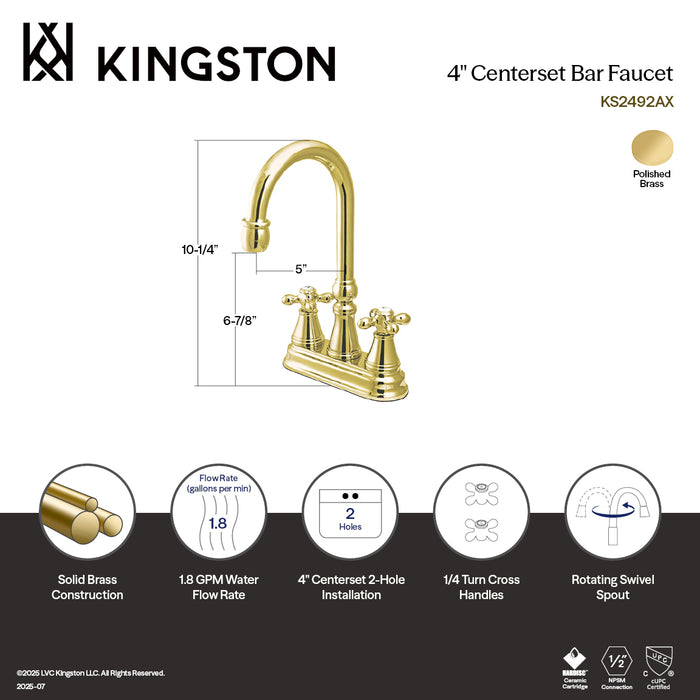 Kingston Tulare KS2492AX - Victorian Two-Handle 2-Hole Deck Mount Bar Faucet, Polished Brass
