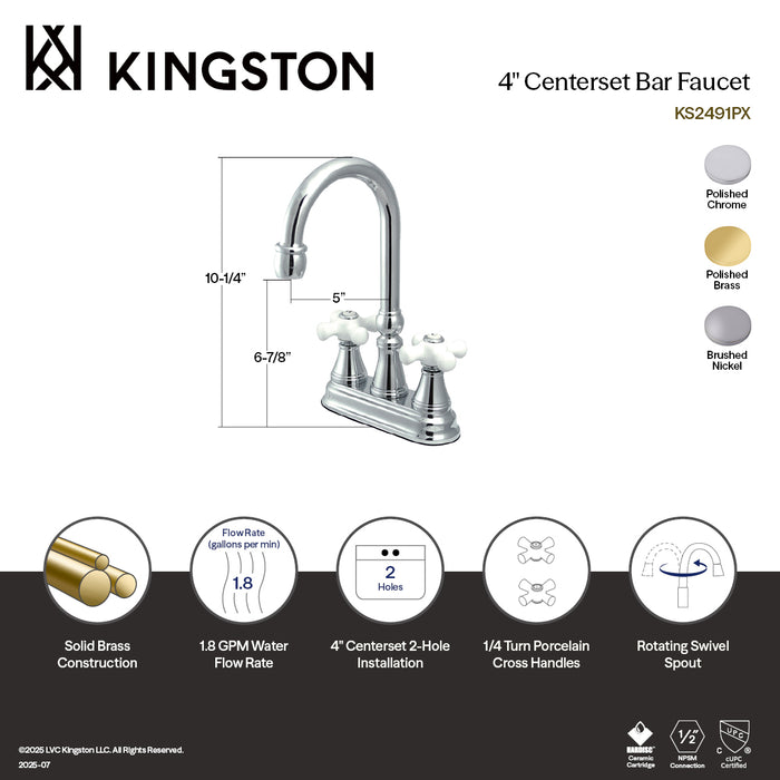 Kingston Tulare KS2492PX - Governor Two-Handle 2-Hole Deck Mount Bar Faucet, Polished Brass