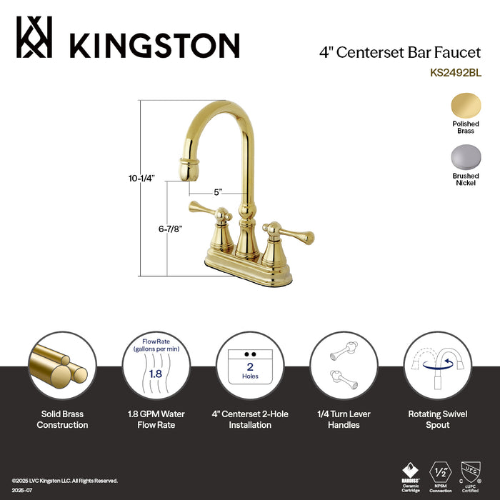 Kingston Tulare KS2498BL - Victorian Two-Handle 2-Hole Deck Mount Bar Faucet, Brushed Nickel