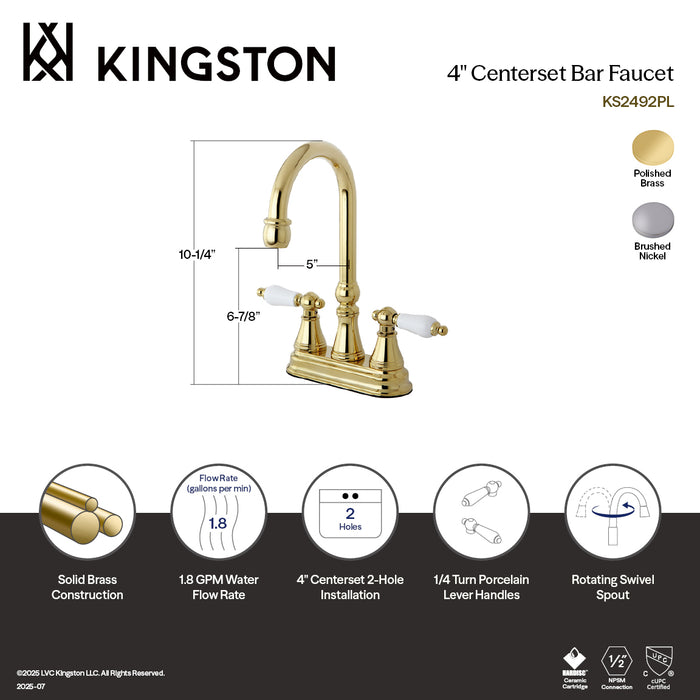 Kingston Tulare KS2498PL - Governor Two-Handle 2-Hole Deck Mount Bar Faucet, Brushed Nickel