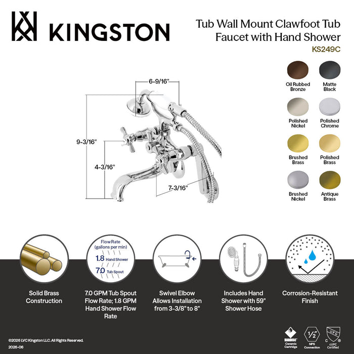 Kingston Heirloom KS249C - Kingston Three-Handle 2-Hole Tub Wall Mount Clawfoot Tub Faucet with Hand Shower, Polished Chrome