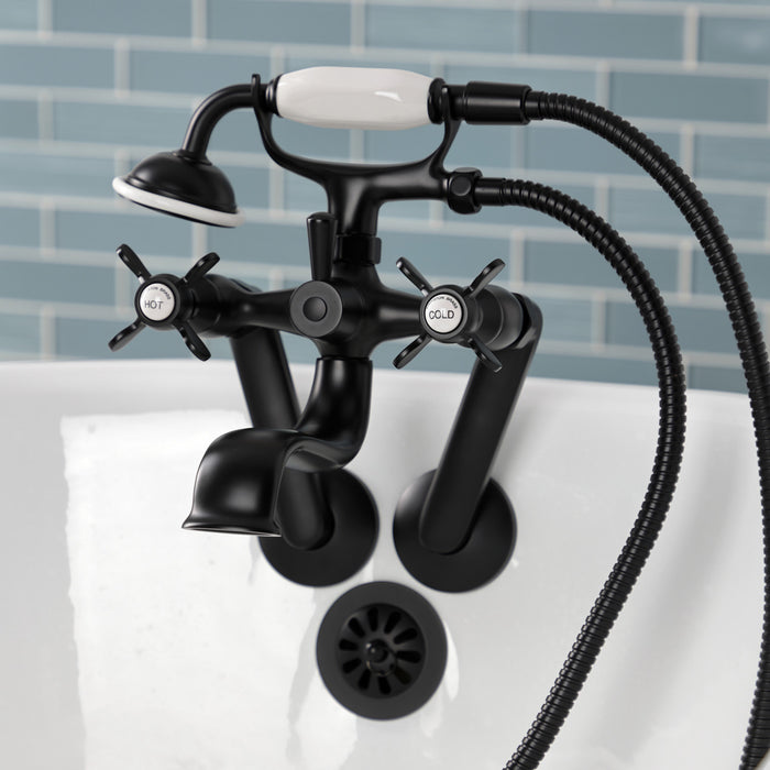 Kingston Heirloom KS249MB - Kingston Three-Handle 2-Hole Tub Wall Mount Clawfoot Tub Faucet with Hand Shower, Matte Black