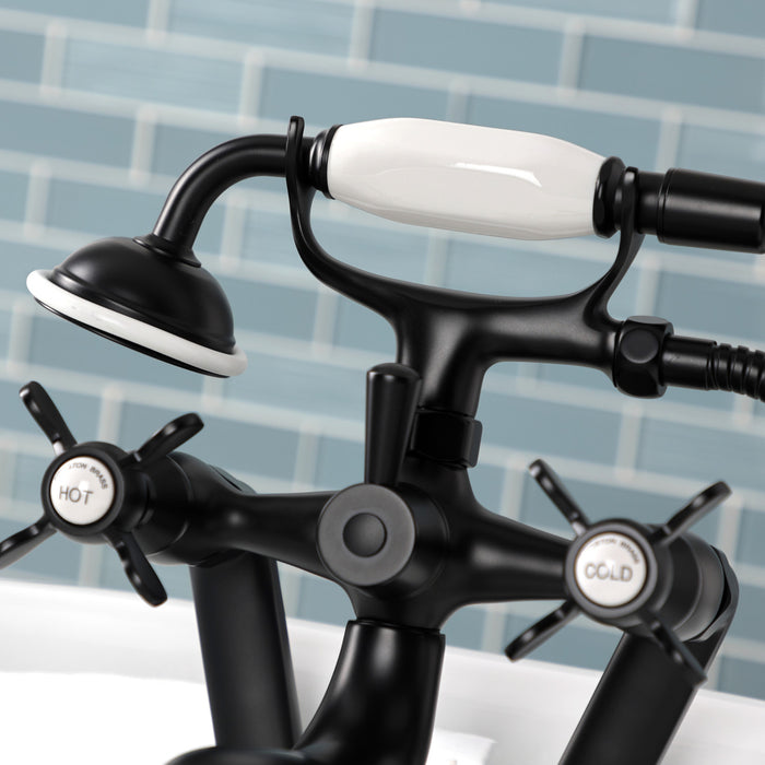 Kingston Heirloom KS249MB - Kingston Three-Handle 2-Hole Tub Wall Mount Clawfoot Tub Faucet with Hand Shower, Matte Black