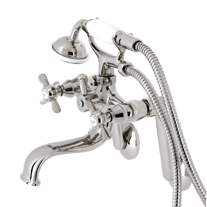 Kingston Heirloom KS249PN - Kingston Three-Handle 2-Hole Tub Wall Mount Clawfoot Tub Faucet with Hand Shower, Polished Nickel