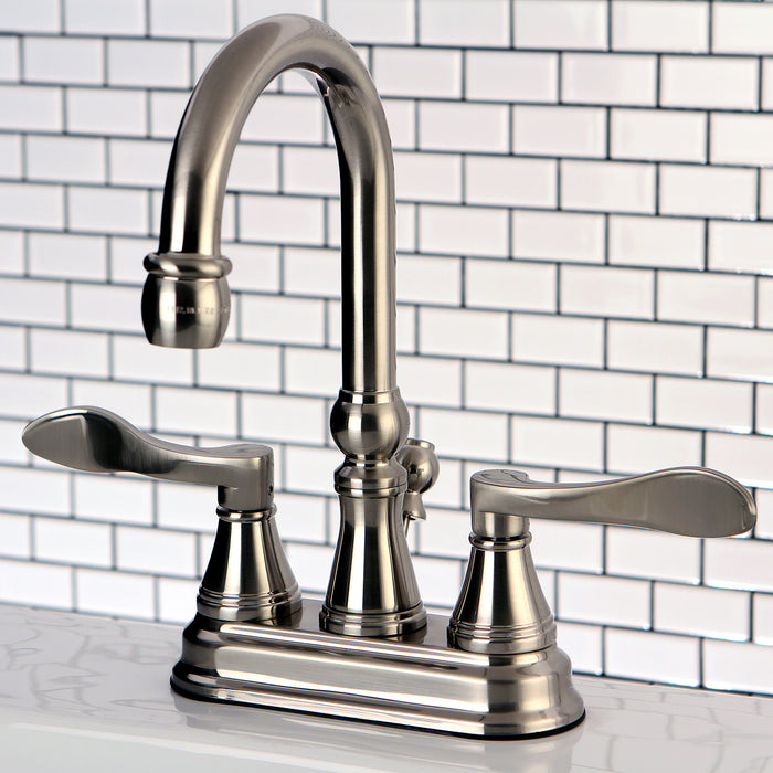 Kingston Tulare KS2618DFL - NuFrench Double-Handle 3-Hole Deck Mount 4-Inch Centerset Bathroom Faucet with Brass Pop-Up, Brushed Nickel