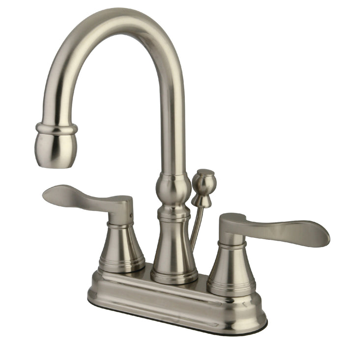 Kingston Tulare KS2618DFL - NuFrench Double-Handle 3-Hole Deck Mount 4-Inch Centerset Bathroom Faucet with Brass Pop-Up, Brushed Nickel